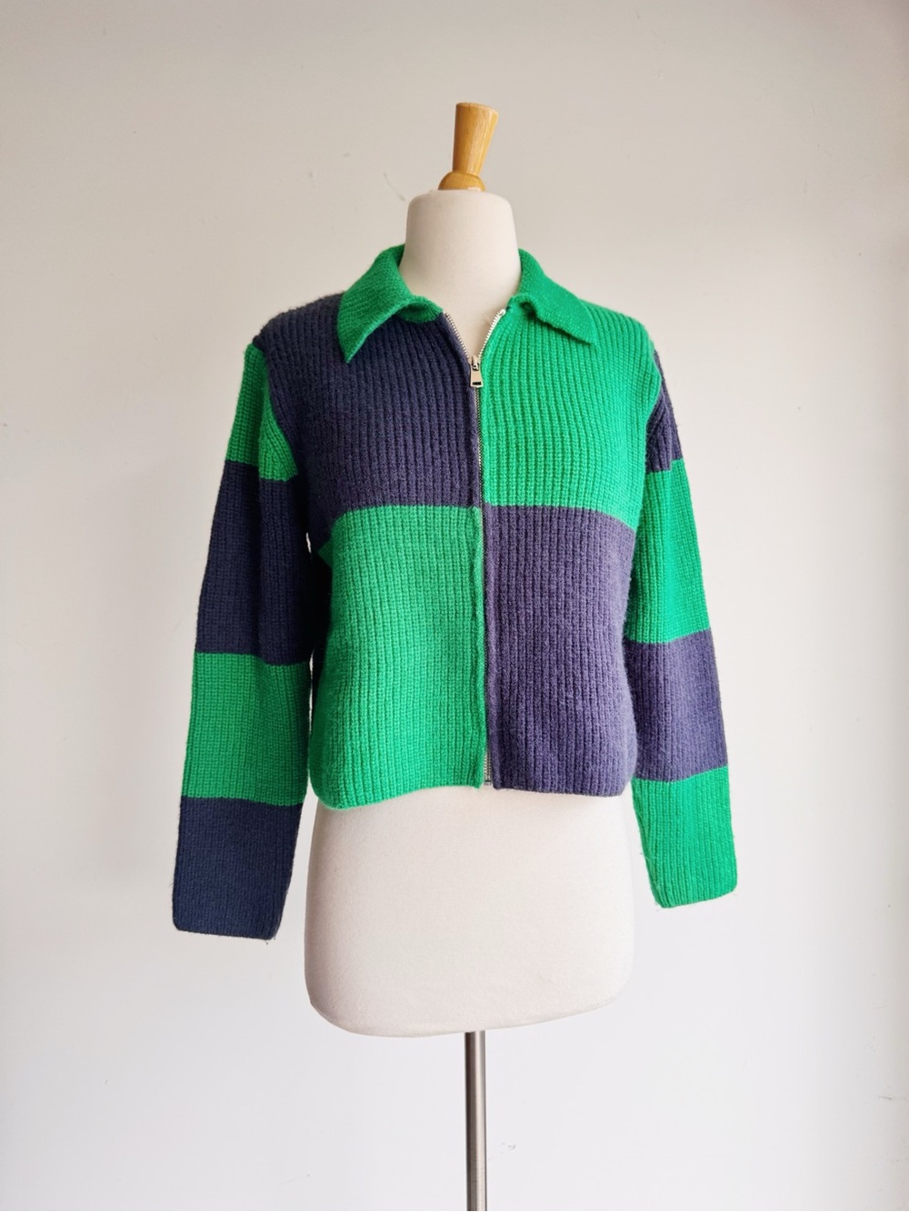 CIDER Green Navy Colorblock Striped Zip Collar Cropped Sweater XS